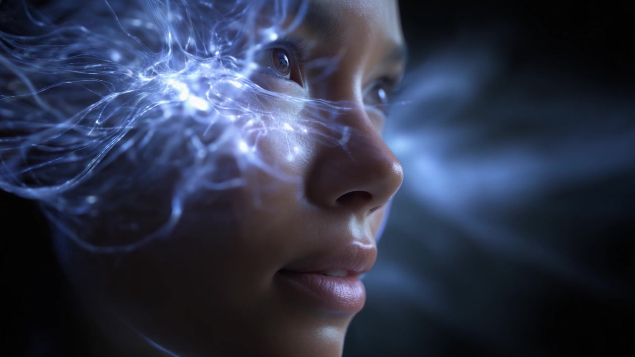 Un ritratto in primo piano di una persona con schemi di energia eterea che emanano dal viso, a simboleggiare pensieri, creatività e l'intersezione tra tecnologia e umanità.
