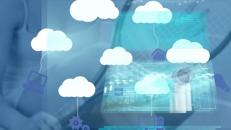 Animation of data processing over digital clouds with electronic devices on blue background
