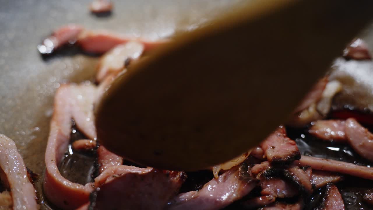 Close Up Shot Person Using Wooden Spoon Frying Fish Slices For Sushi Preparation, Homemade