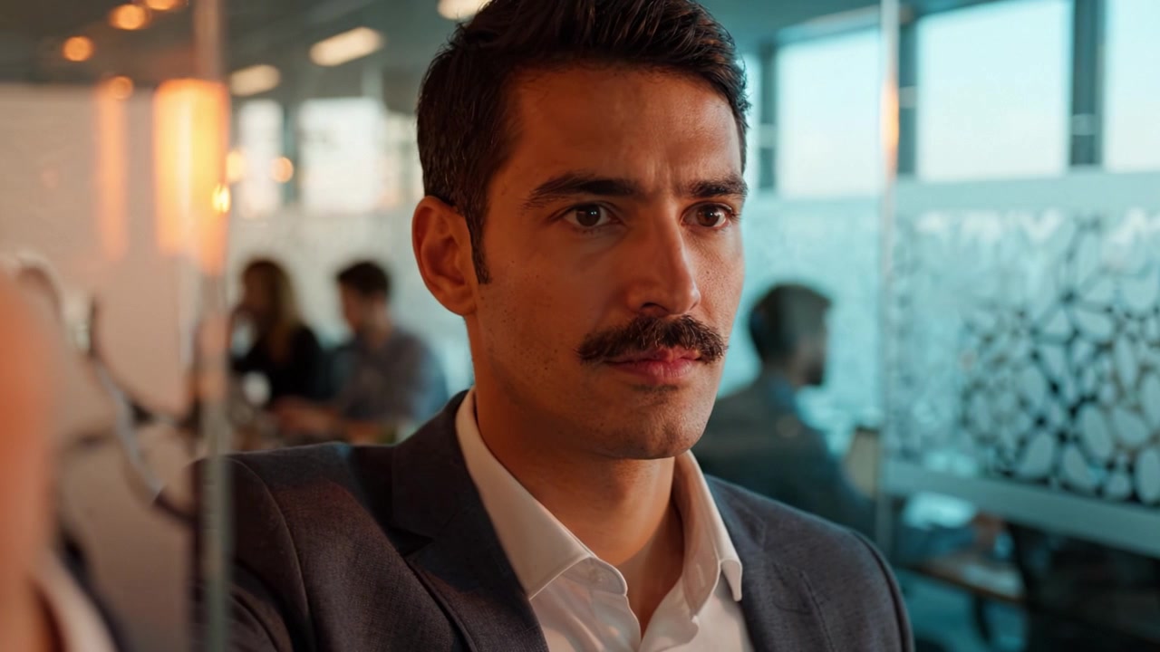 Focused Businessman Reflects on Decisions in Modern Office Environment with Colleagues in the Background, Capturing Introspection and Concentration at Work.
