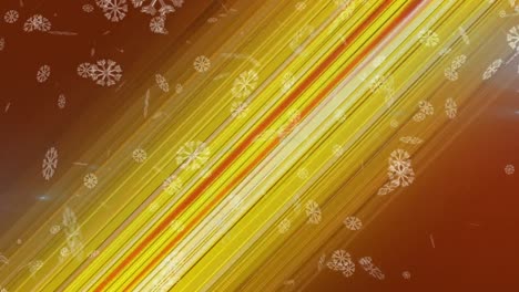 Animation-of-snow-falling-over-glowing-rays-on-orange-background