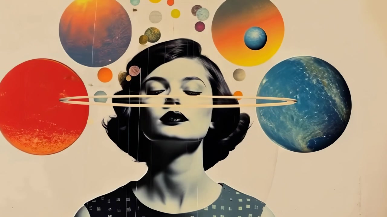 Surreal Artistic Illustration of Woman Surrounded by Planets