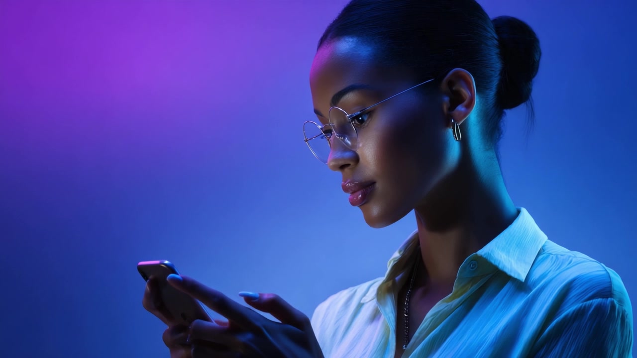 Fanger det moderne øjeblik: En eftertænksom kvinde fordybet i sin smartphone midt i blød lilla og blå belysning, der viser moderne digital interaktion