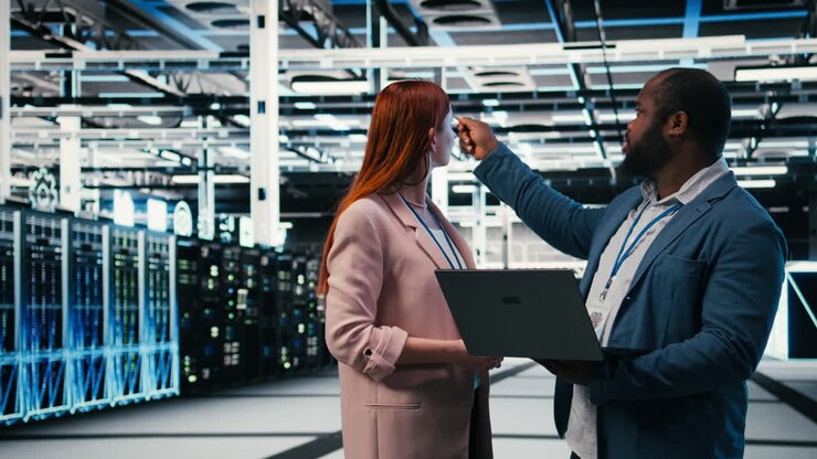 Ingegneri IT che discutono le prestazioni del server su un laptop in un data center.