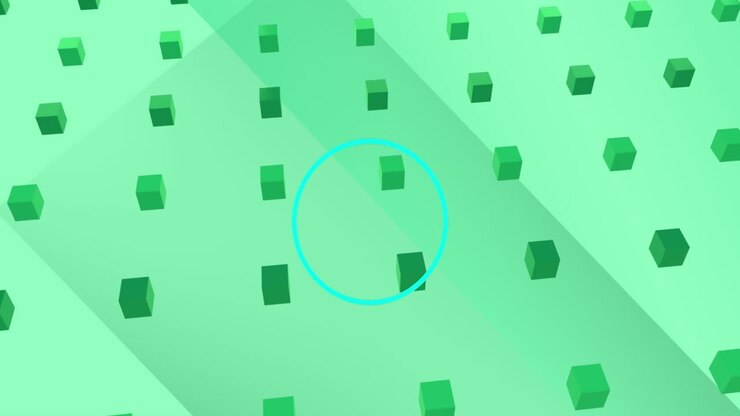 Animation of circles pulsating over rows of abstract shapes pattern on green background