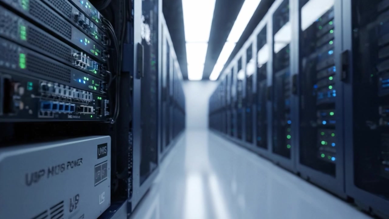 High-tech Data Center Featuring Rows of Servers with LED Lights Illuminating the Pathway in a Modern Facility for Data Management and Storage Solutions