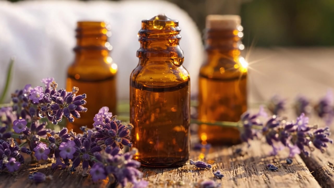 Aromatiske lavendel æteriske olier i ravfarvede flasker: Fængslende naturlige dufte og blomster elegance til hjemme- eller spa-brug.