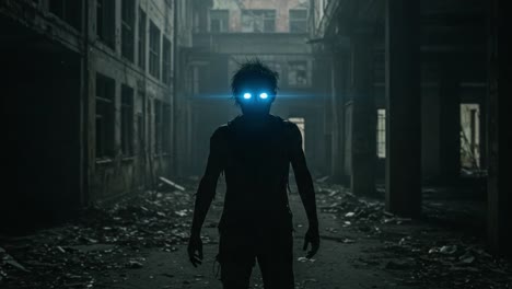 a daring encounter in an abandoned building featuring a mysterious figure with luminescent eyes, surrounded by shadowy ruins and an ominous atmosphere