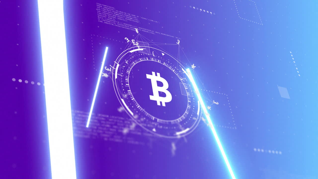 animación de bitcoin y procesamiento de datos sobre el alcance en fondo negro