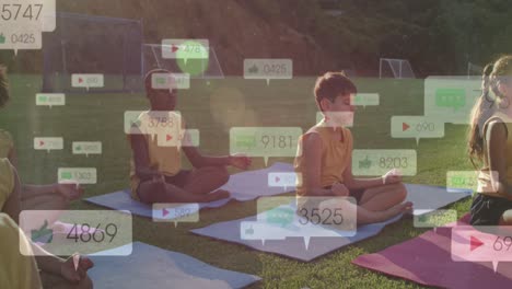 animation of social media icons with numbers over children practicing yoga in park