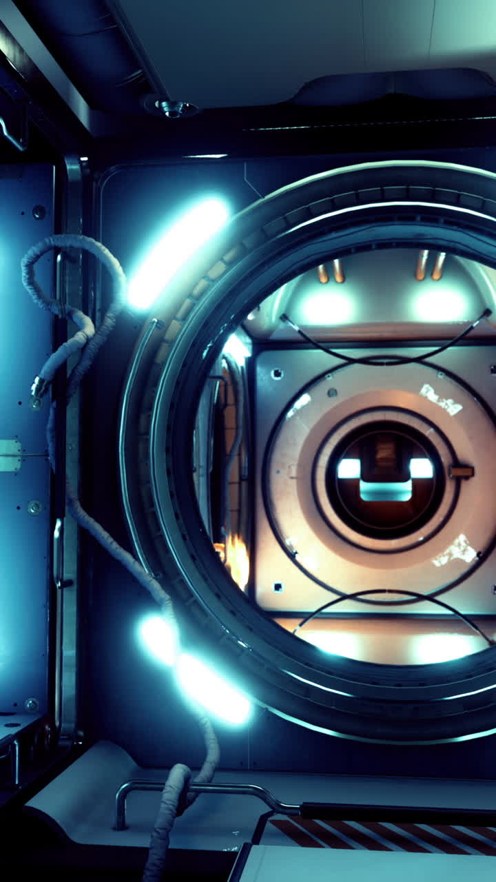 Futuristic corridor with glowing lights inside a sci fi spaceship interior