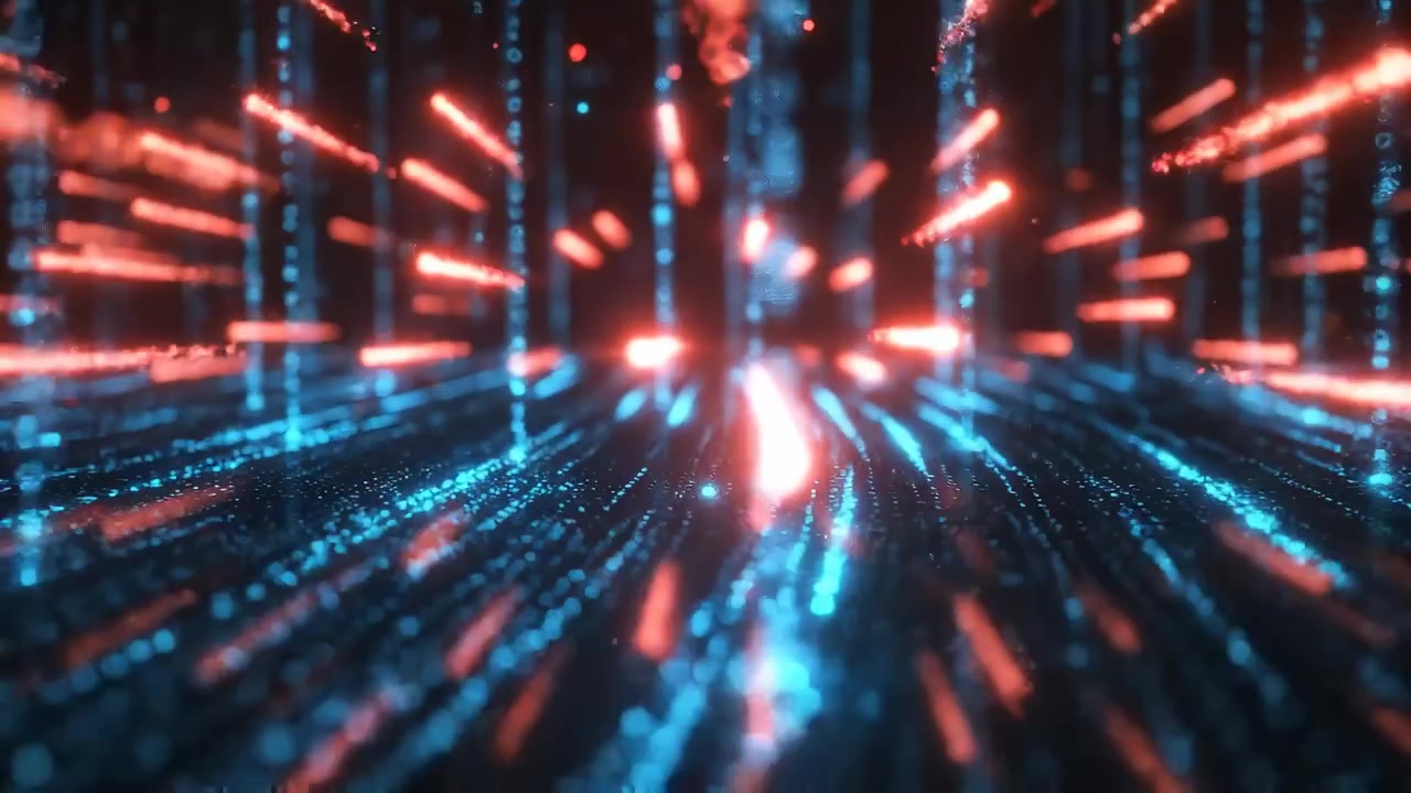 Dynamisk abstrakt baggrund af glødende blå og røde datapartikler