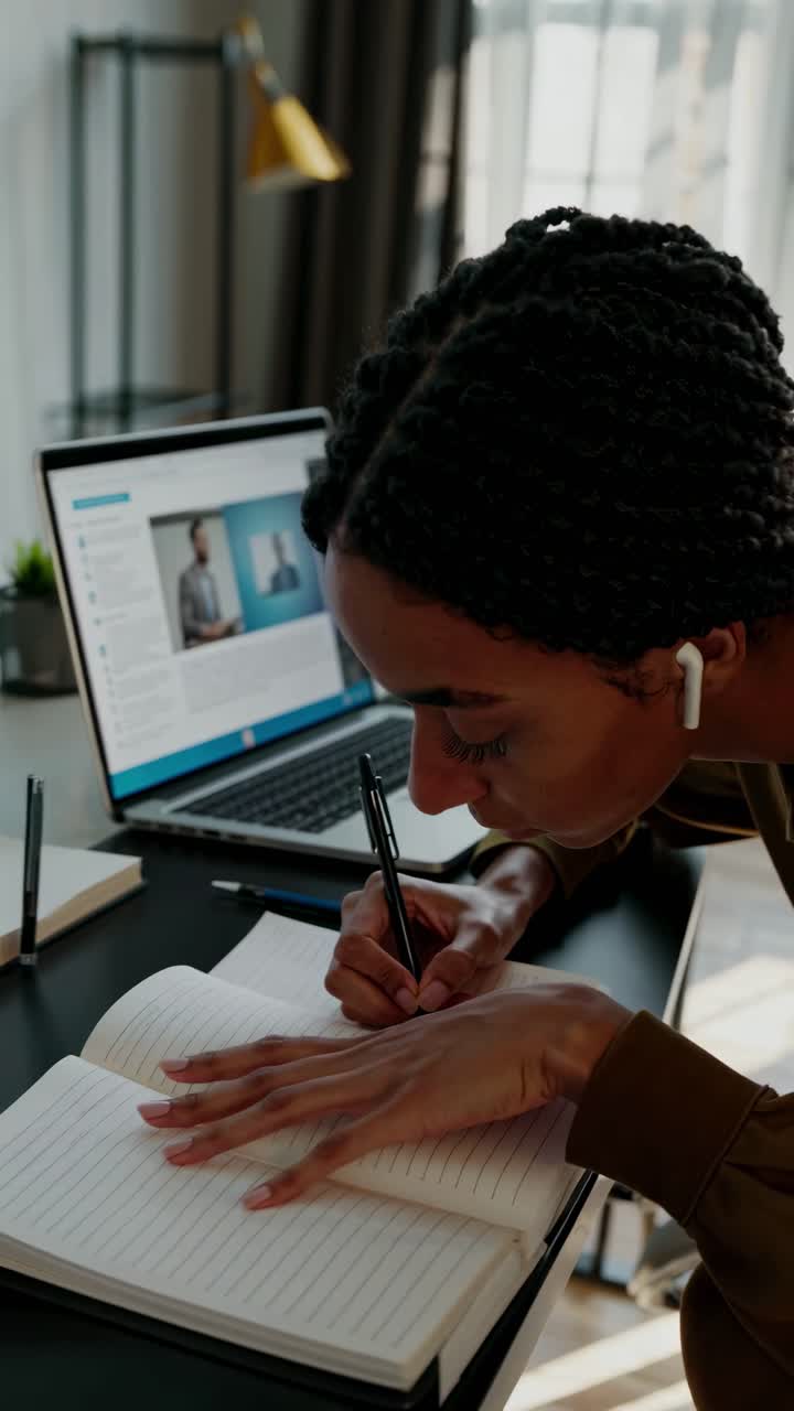 A woman writes in a notebook while watching a video on a laptop. The side angle captures her focus