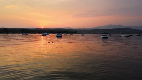 silhouette of female swimming in lake water on magical sunset