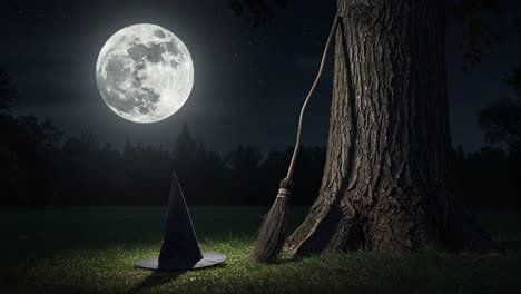 a spooky halloween scene featuring a witch's hat and broom under a bright full moon by an old tree in a dark night setting