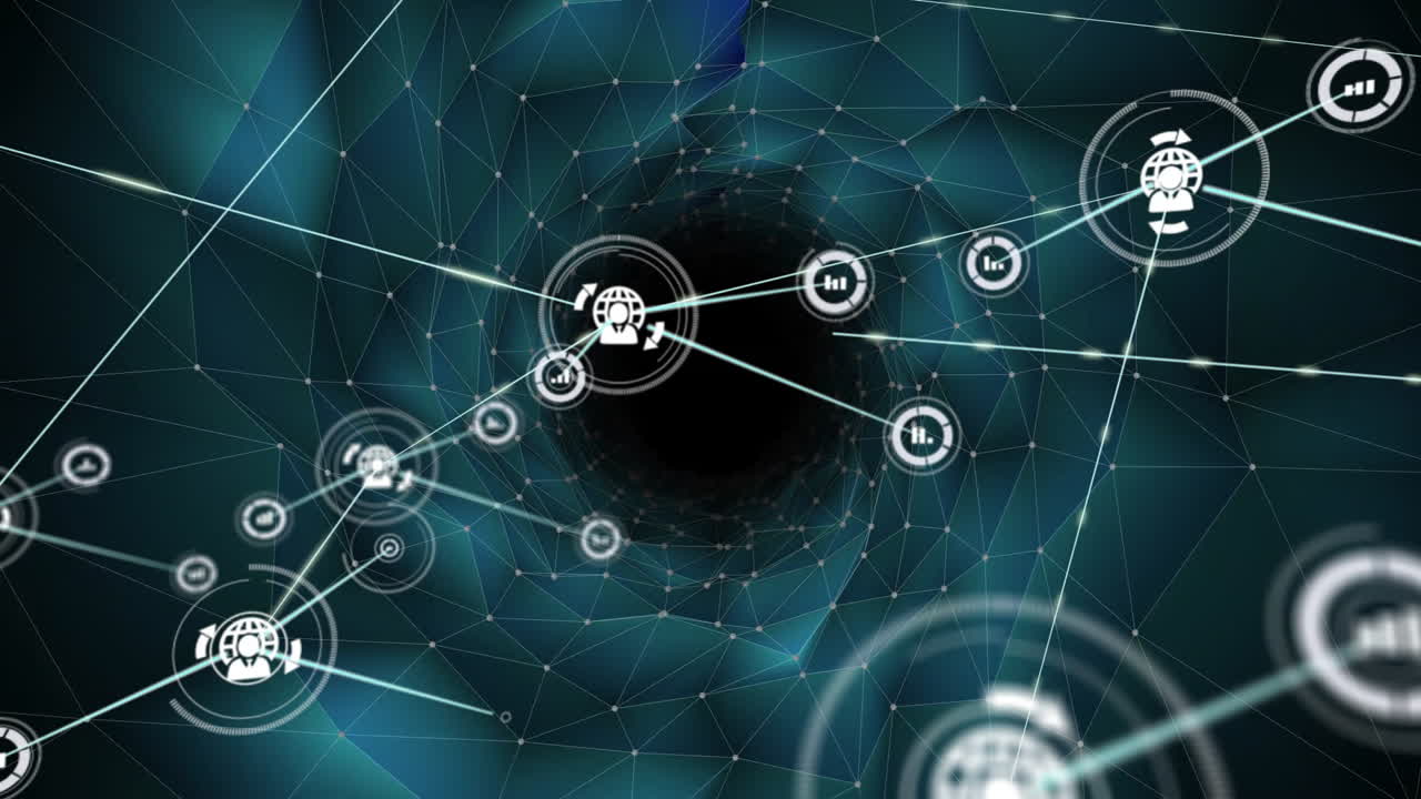 Processing data in network animation over geometric background, digital concept