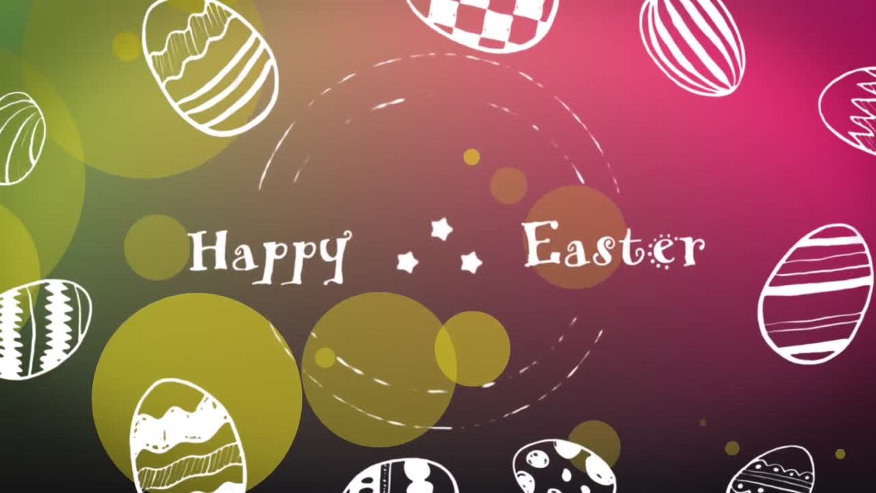 Animazione del testo "Buona Pasqua" con uova su macchie su sfondo viola.