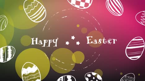 Animation-of-happy-easter-text-with-eggs-over-spots-on-purple-background