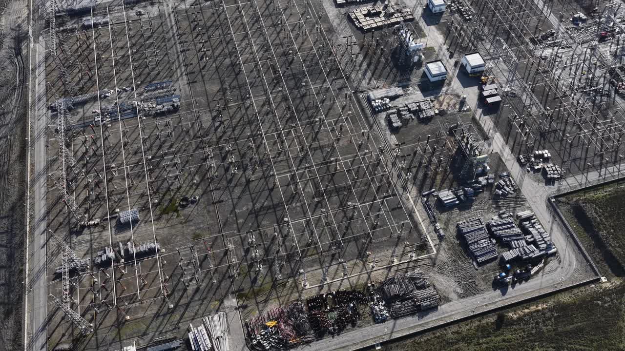 Drone shot of eletricity substation. European Union energy grid