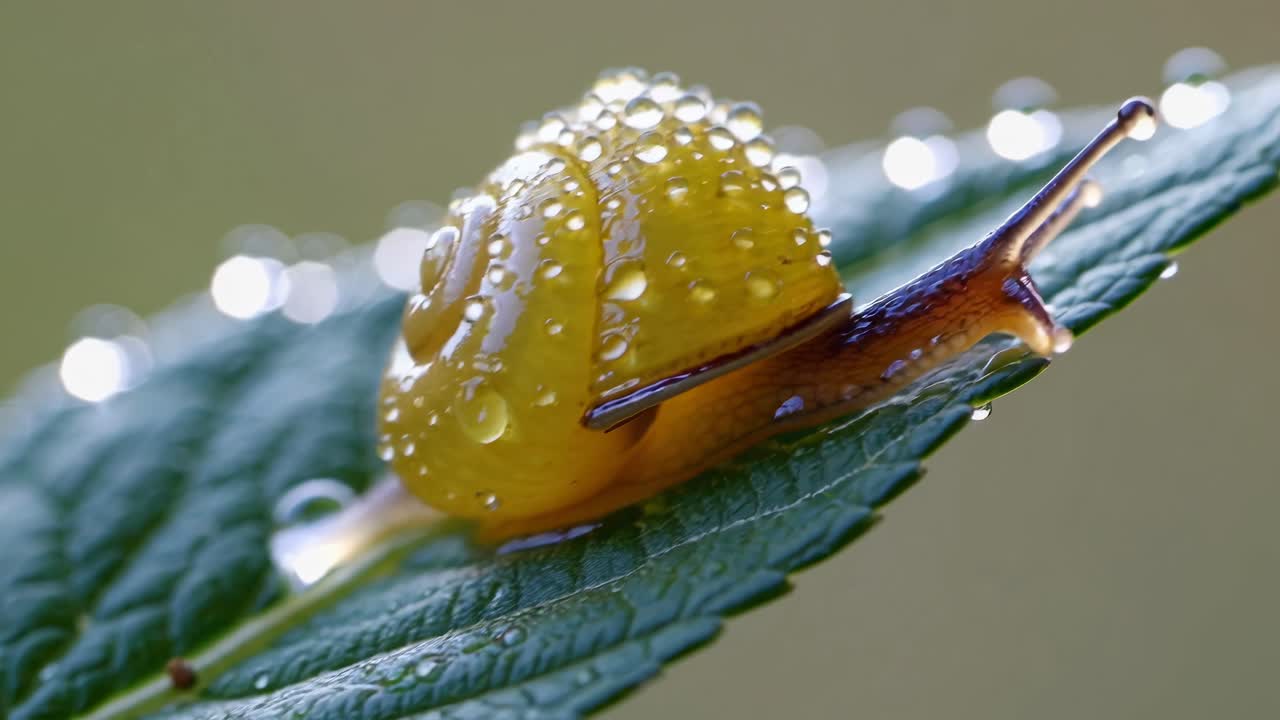 A Snail with Water Drops on a Leaf