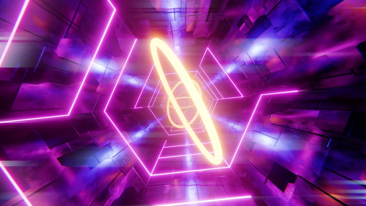 volare attraverso un tunnel con barre viola e anelli gialli. animazione a loop infinito.