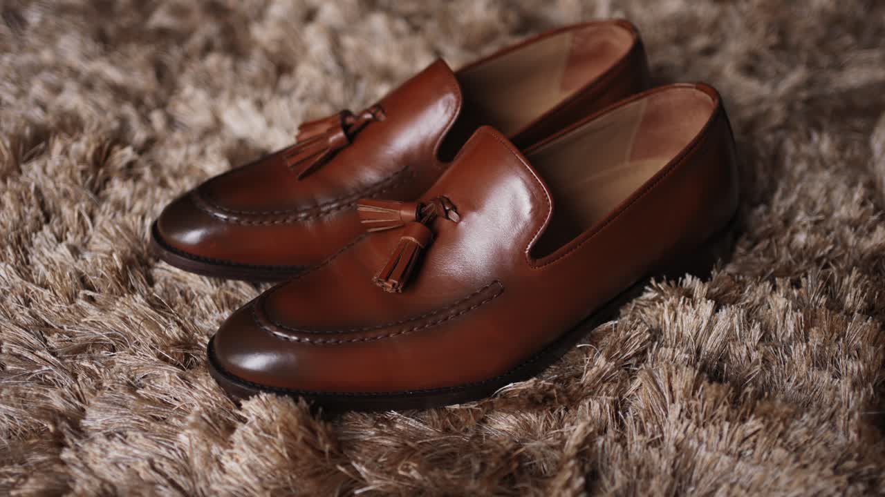 Elegant brown leather loafers with tassels placed on textured beige carpet floor