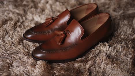 elegant brown leather loafers with tassels placed on textured beige carpet floor