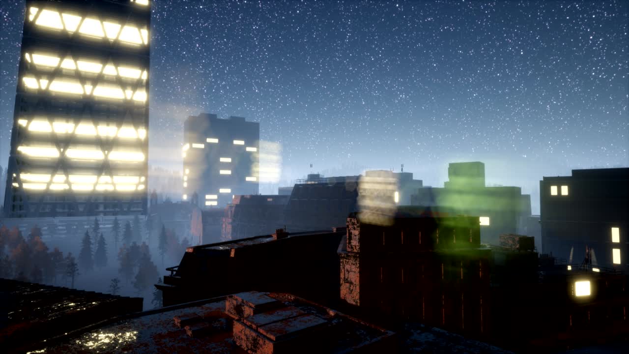 city skyscrapes at night with Milky Way stars