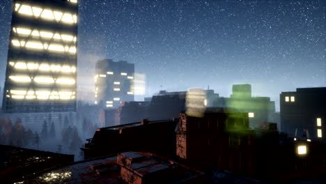 rascacielos de la ciudad por la noche con estrellas de la vía láctea
