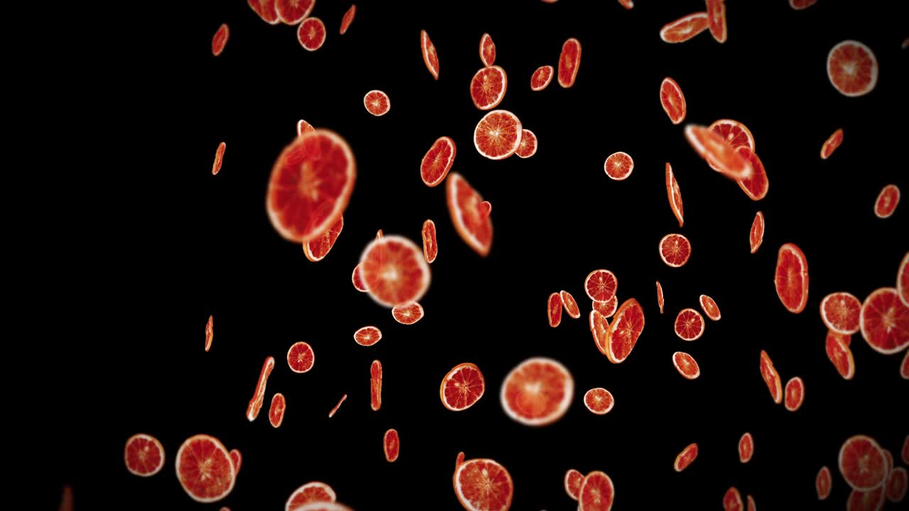 검은 바탕에 많은 건조 오렌지를 날아. 탈수 된 과일, 음식 개념. 3d 애니메이션 조각 된 과일 오렌지 회전. 루프 애니메이션.