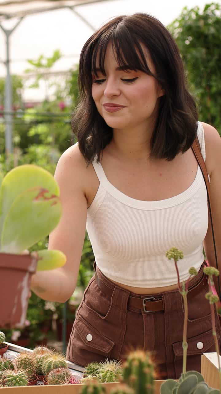 Woman choosing succulents in garden center. Vertical