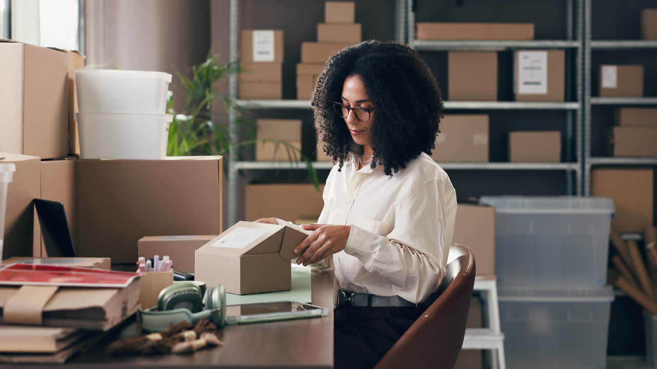 Young Woman Packing Small Product Box for E-commerce Business