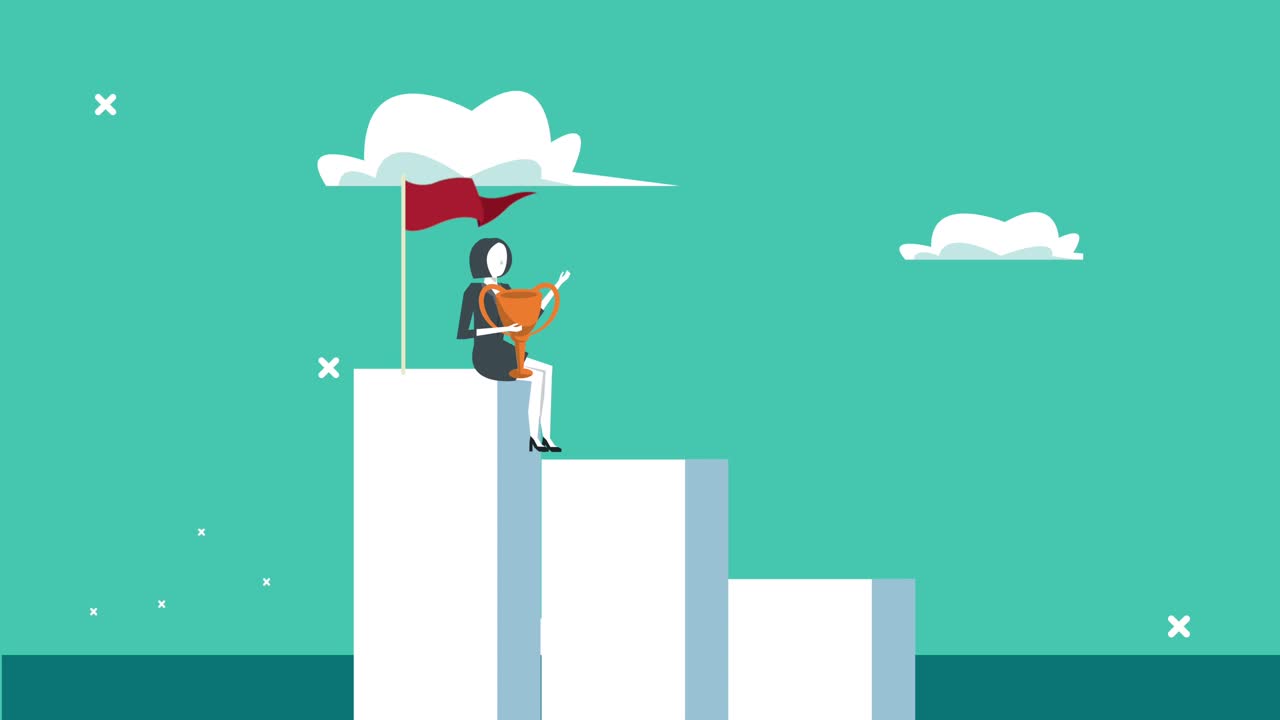 elegante trabajadora de negocios con copa de trofeo sentada en las barras de estadística