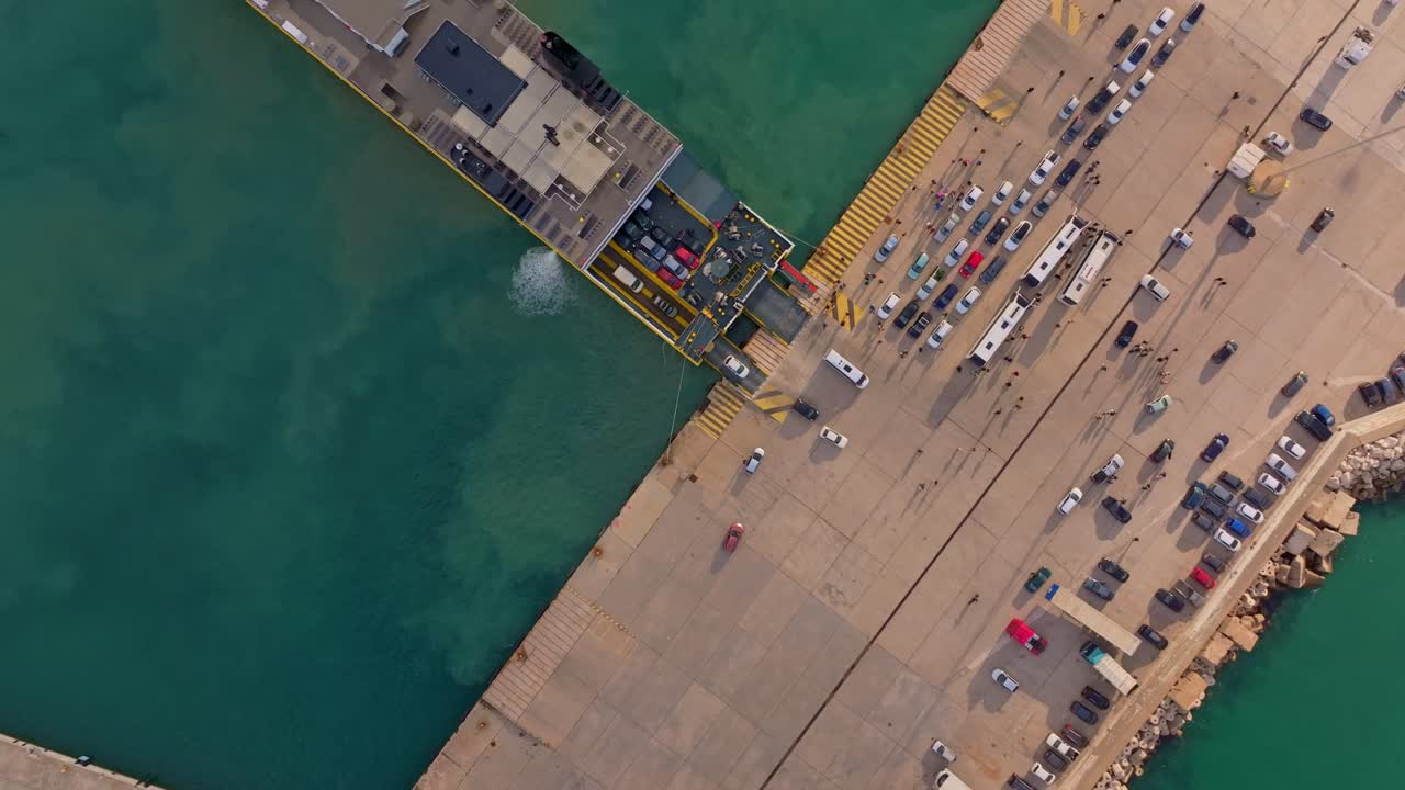 Aerial view of a vessel unloading at the Kyllini dock, Greece