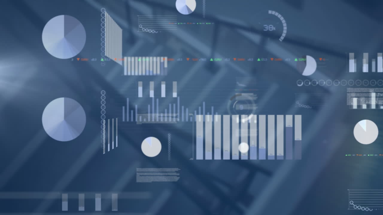 Animation of graphs, trading board and loading circles over high angle view of staircase of building