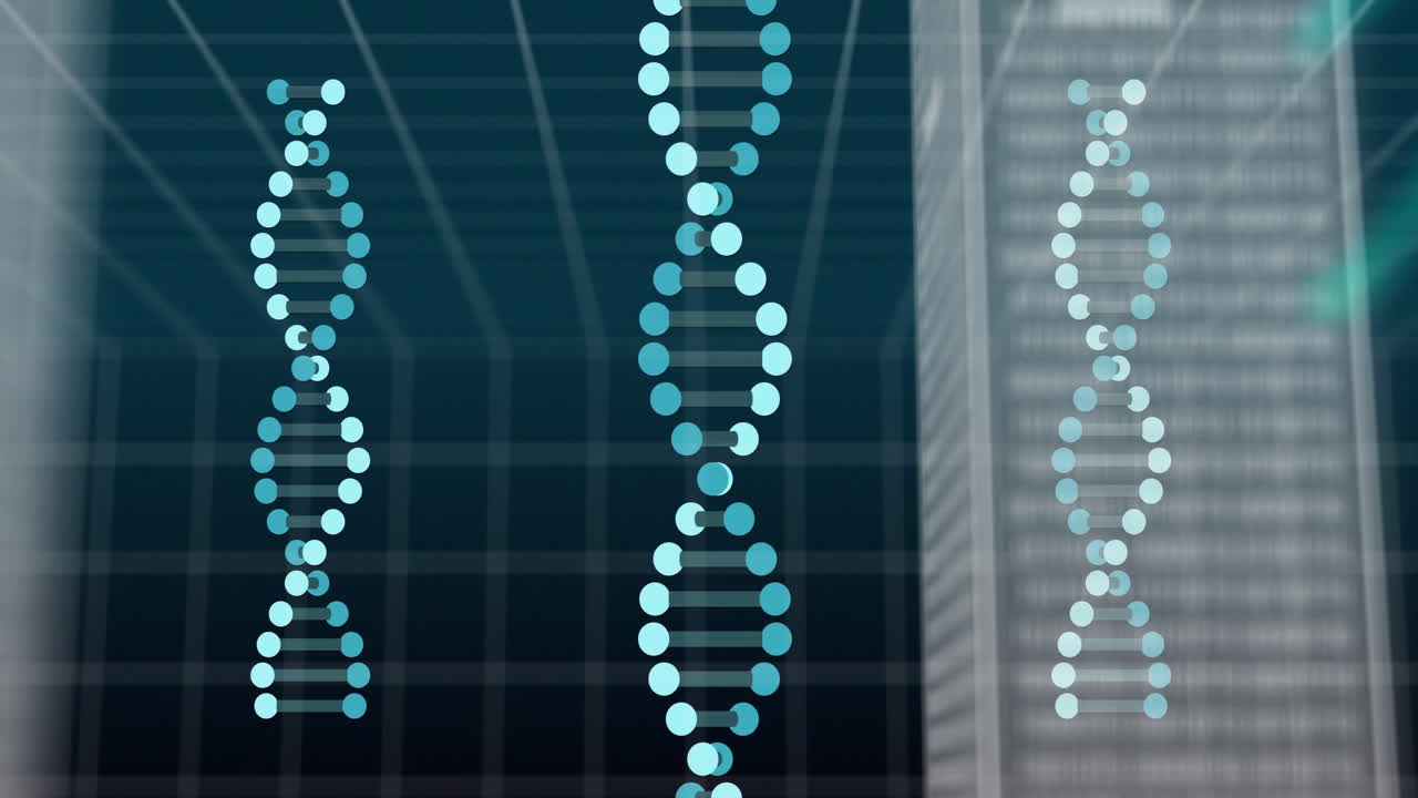 Animation of digital data processing over dna strands spinning