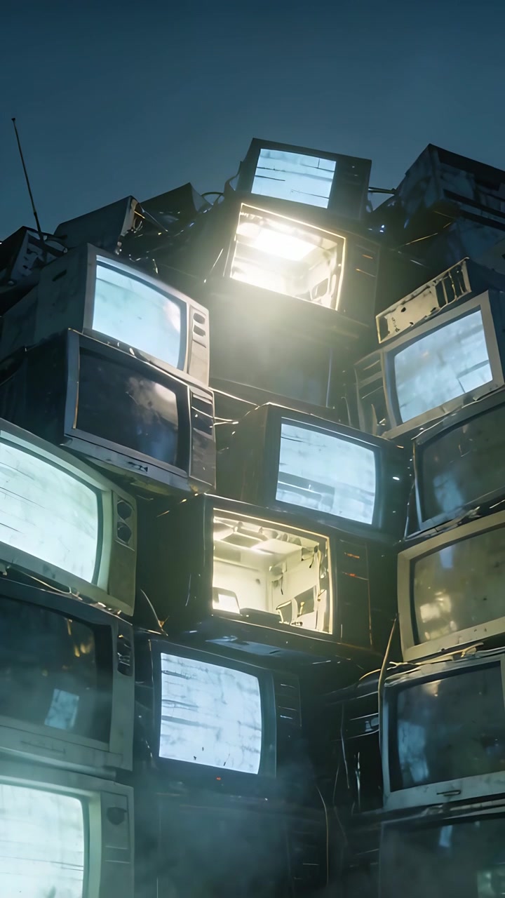 Vertical video: Power cables powering CRT tower on roof, inner light glowing and smoke drifting