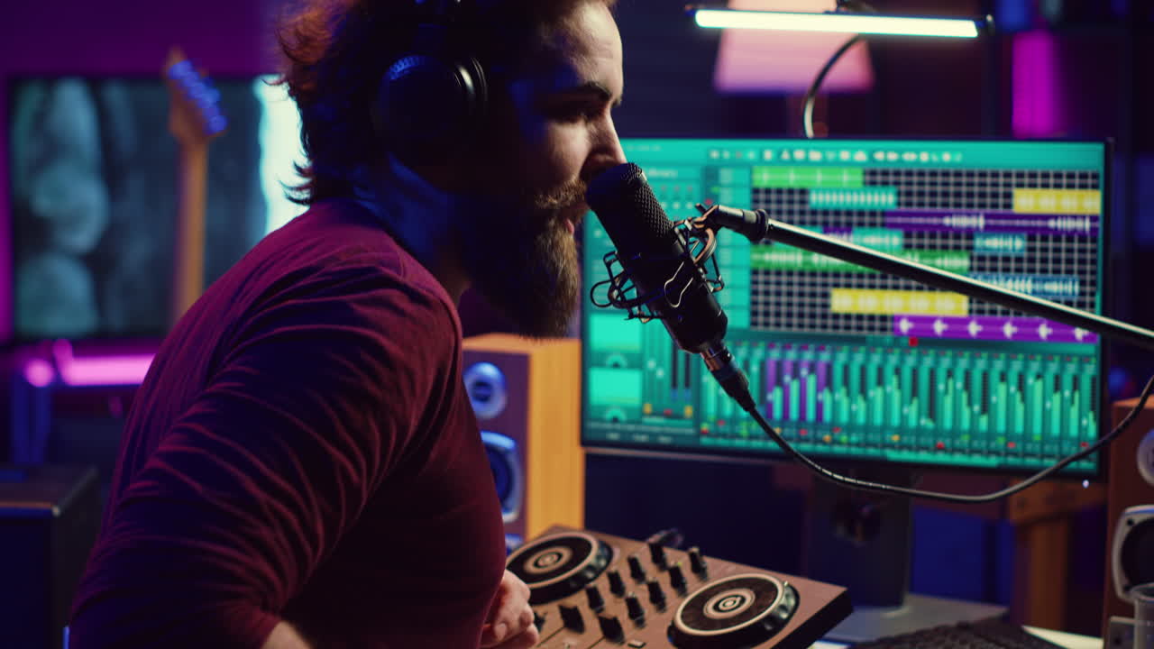 Music producer singing at home studio microphone to record songs