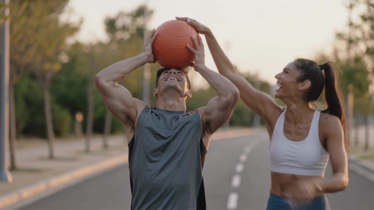 Hombre y mujer levantando un balón de baloncesto naranja, intentando bloquearlo por diversión en una calle arbolada, vestidos con ropa deportiva.