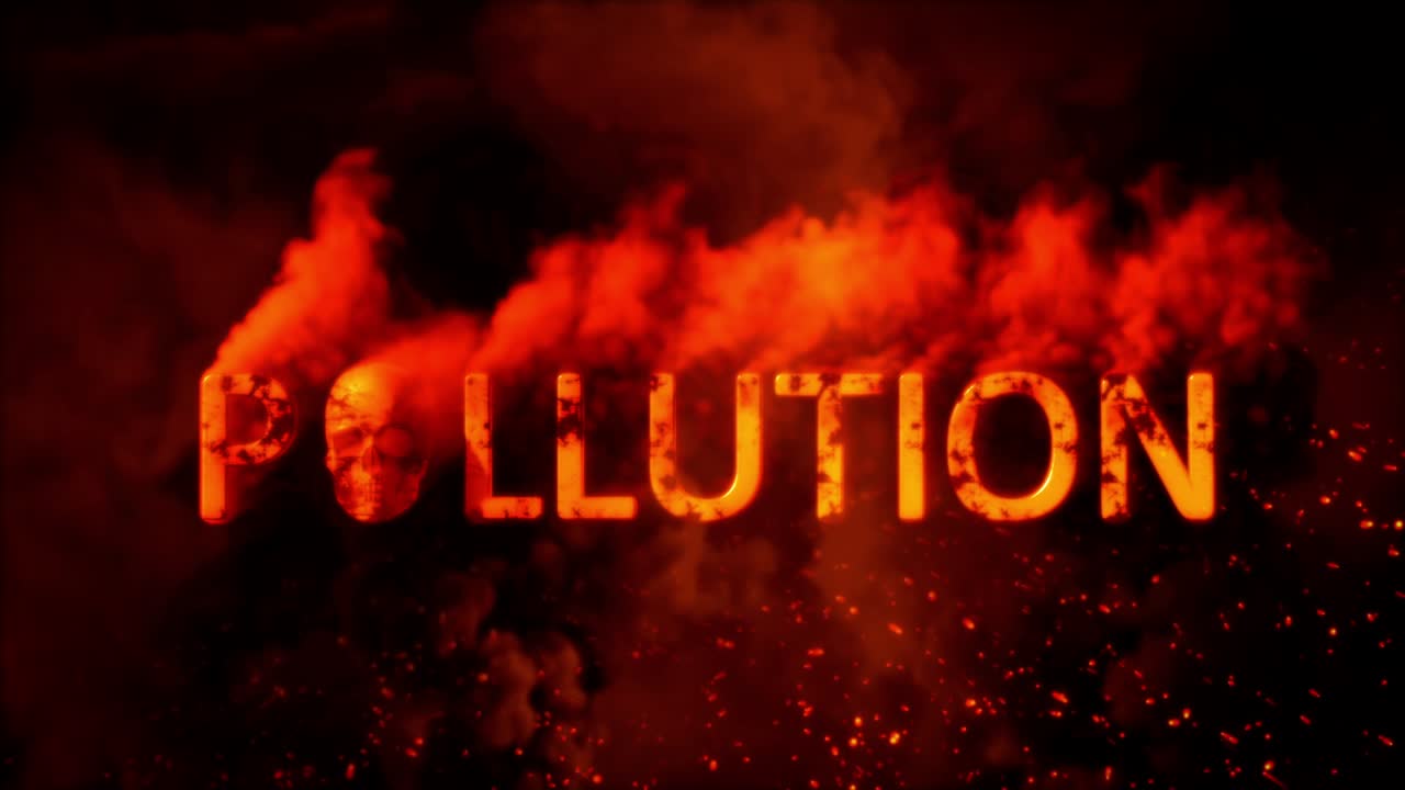 불타는 배경에 무서운 인간의 두개골과 함께 텍스트 오염 - 루프 비디오