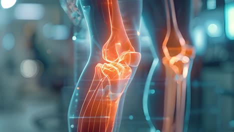 medical illustration of a human knee joint with highlighted pain