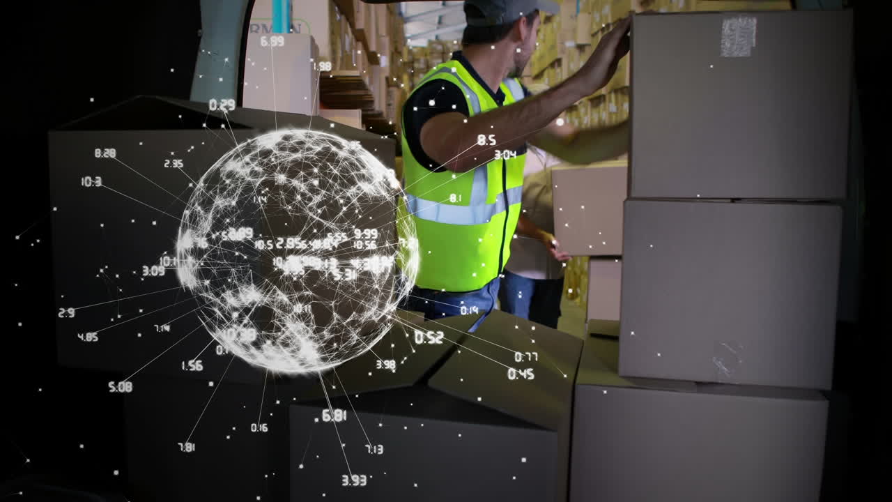 배달 운전자 가 밴 을 상자 들 로 로드 하고 있다