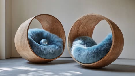 modern wooden round chairs with blue fur seats