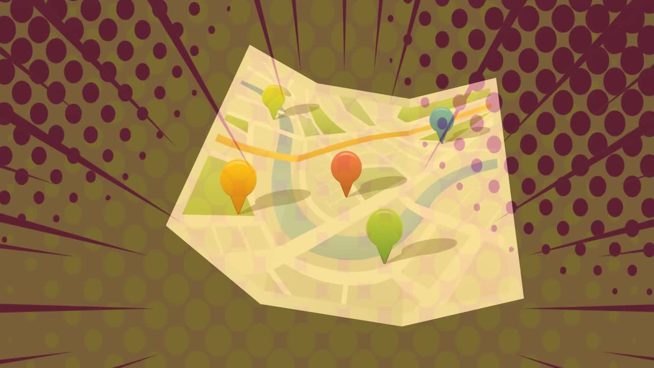 animación del mapa con alfileres de ubicación en un fondo retro manchado