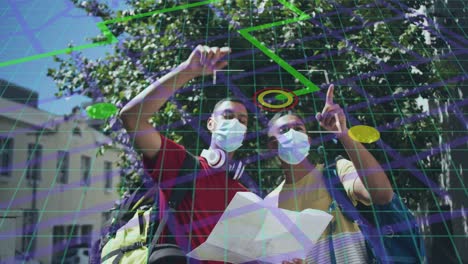 animation of map over biracial male friends with face masks