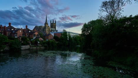 sunset timelapse of leamington spa showing the church and river leam