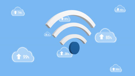 animation of wifi icon and digital clouds with percent growing on blue background