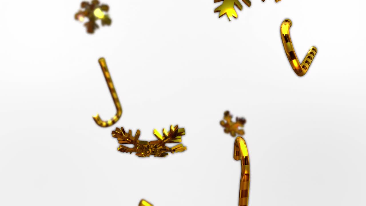 animación de copos de nieve dorados y bastones de caramelo cayendo sobre un fondo blanco.