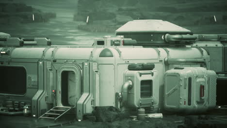 futuristic research base for settlers on an alien planet at dusk