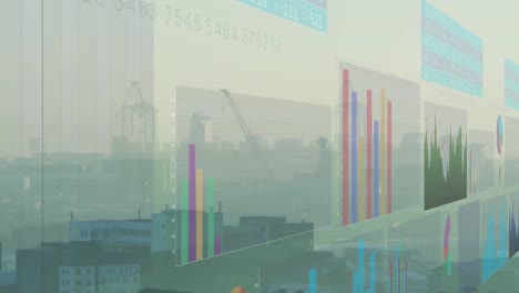 Animation-of-multiple-graphs-moving-over-silhouette-buildings-and-cranes